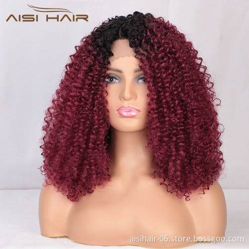 Aisi Hair Medium Long Afro Kinky Curly Wig Cosplay Ombre Red Swiss Lace Synthetic Wig Lace Frontal Hair Wigs For Black Women